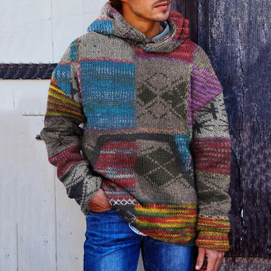 Men's Vintage Patchwork Cozy Hooded Sweater artswardrobe