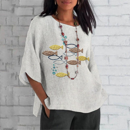 Japanese Carp Embroidery Art Linen Shirt artswardrobe