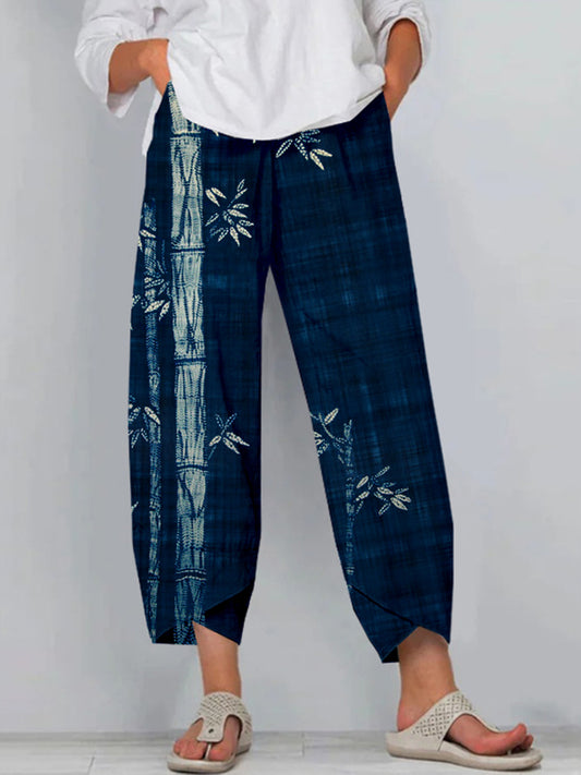 Comstylish Vintage Bamboo Art Linen Cropped Casual Pants