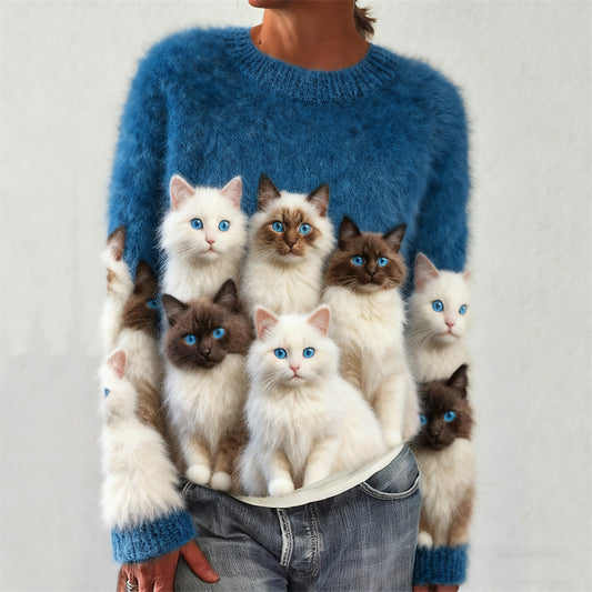 Comstylish Classy Fuzzy Blue Eyed Cats Art Cozy Knit Sweater
