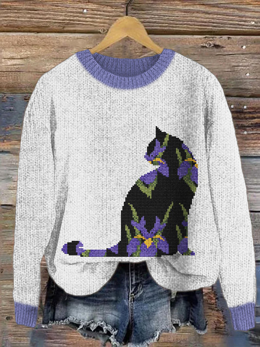 Black Cat & Flower Women's Casual Sweater artswardrobe