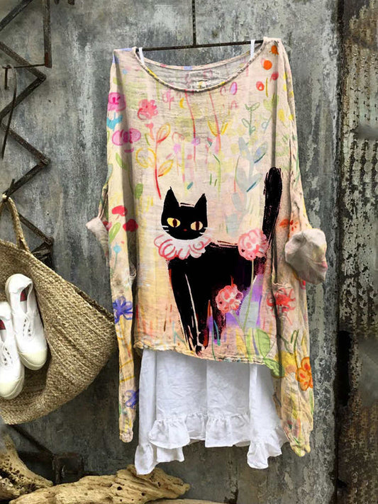 Cat Colorful Floral Graffiti Art Women's Vintage Linen Long Tunic elevenforest