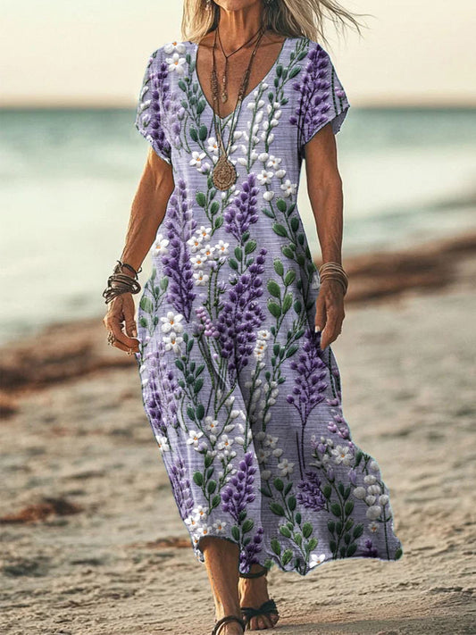 Women's Lavender Floral Embroidered Linen Blend Dress artswardrobe