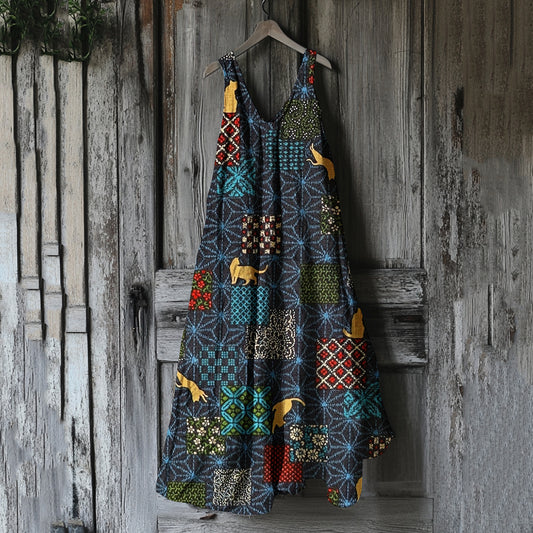Women's Vintage Cat Geometric Art Linen Tank Dress artswardrobe
