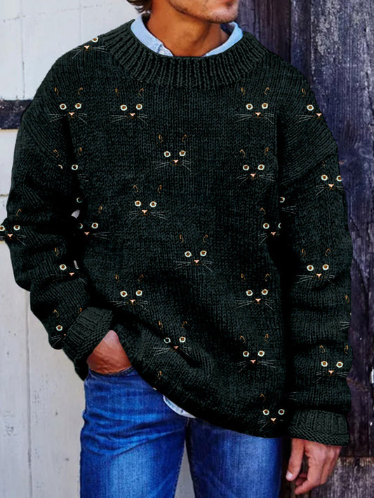 Men's Cute Cat Face Pattern Cozy Knit Sweater elevenforest