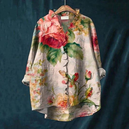 Vintage Floral Patchwork Pattern Art Linen Ruffle Shirt artswardrobe