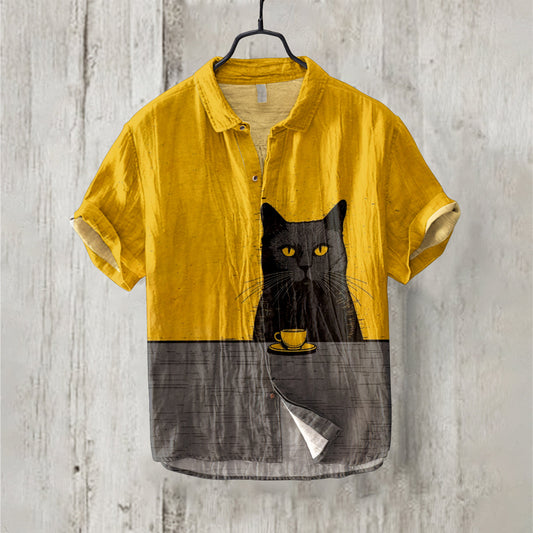 Retro Contrast Color Black Cat Coffee Linen Blend Shirt elevenforest