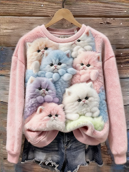 Comstylish Lovely Colorful Fluffy Fuzzy Cats Cozy Plush Sweatshirt