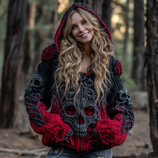 Women's Vintage Viking Tribal Celtic Skull Gradient Art Cozy Knitted Hooded Cardigan elevenforest