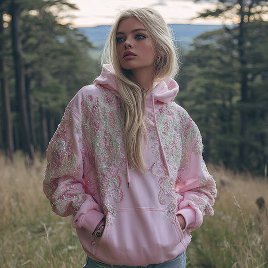 Comstylish Women's Pink Flower Embroidery Art Long Sleeve Hoodie