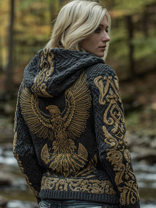 Women's Viking-inspired Phoenix Embroidery Vintage Hooded Cardigan Sweater elevenforest