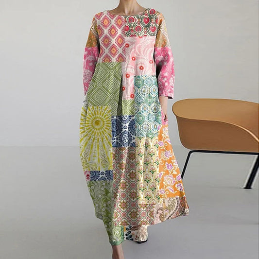Comstylish Geometry Tribal Floral Printed Linen Blend Midi Dress