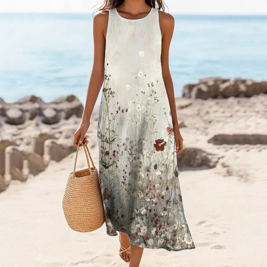 Women's Floral Print Linen Blend Tank Midi Dress artswardrobe