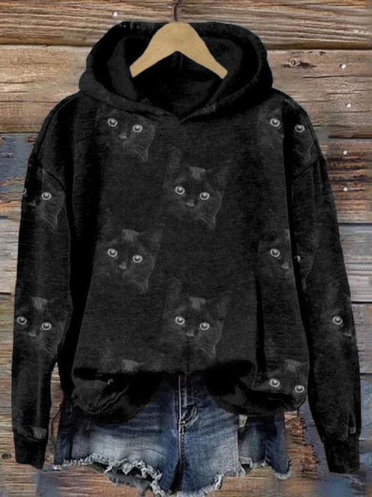 Cute Cat Face Pattern Washed Cozy Hoodie elevenforest