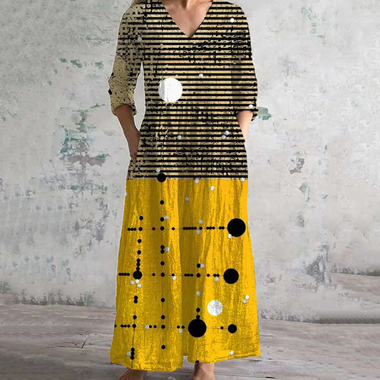 Vintage Irregular Lines With Contrast Colors Art Pattern Women's Linen Dress artswardrobe