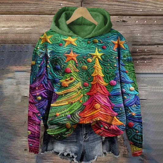 Comstylish Colorful Christmas Tree Print Long Sleeve Hooded Sweatshirt