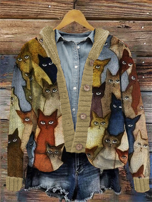 Colorful Cute Cats Embroidered Hooded Cardigan artswardrobe