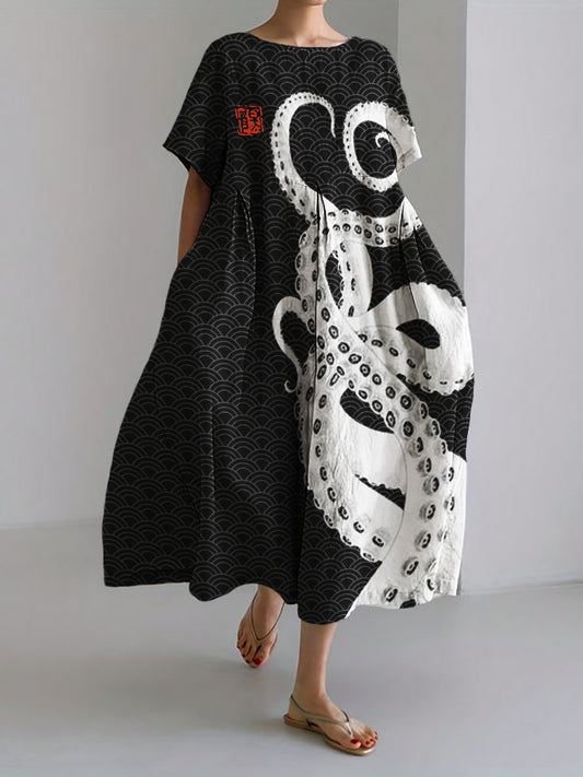 Comstylish Octopus Tentacles Sea Waves Pattern Linen Blend Maxi Dress