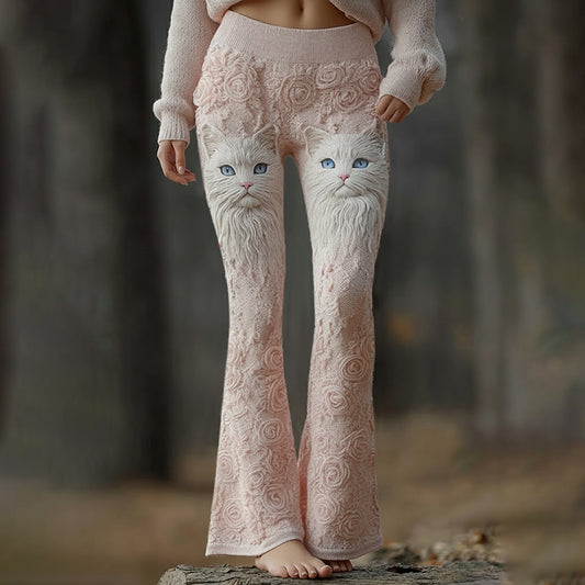 Comstylish Vintage Cute Cat Face With Roses Art Embroidered Cozy Knit Flared Leggings