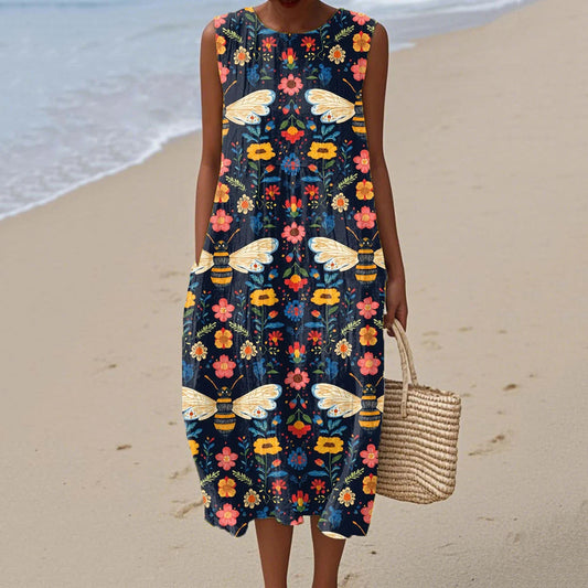 Women's Vintage Flowers Bee Art Print Linen Tank Dress artswardrobe