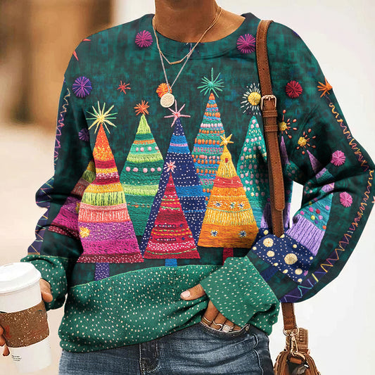 Comstylish Women's Christmas Colorful Christmas Tree Print Casual Sweatshirt