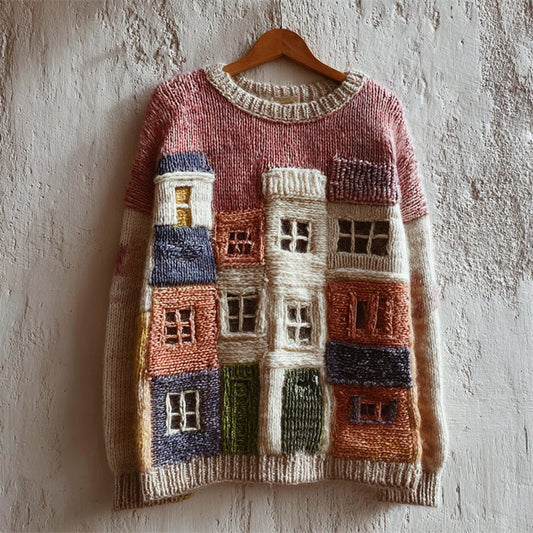 Vintage Cottagecore Buildings Colorblock Crochet Cozy Knit Sweater artswardrobe