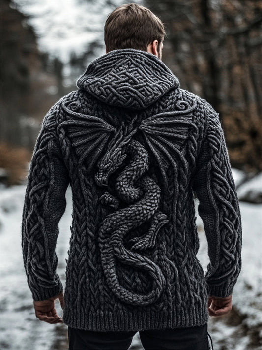Men's Evil Dragon Viking Celtic Chunky Hooded Cardigan elevenforest