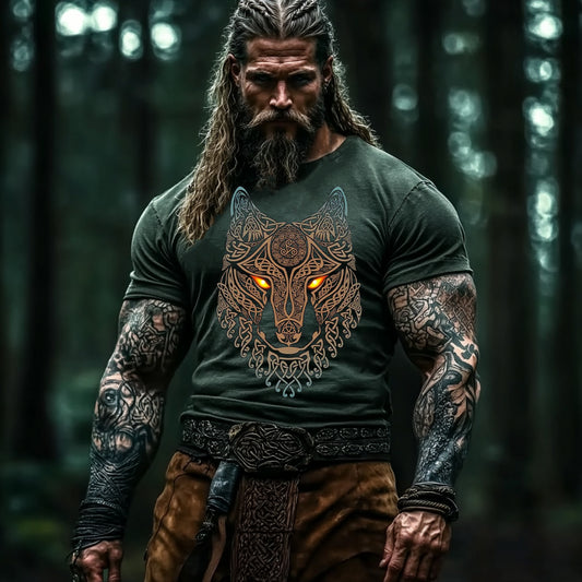 Men's Vintage Viking Wolf Print T-shirt artswardrobe