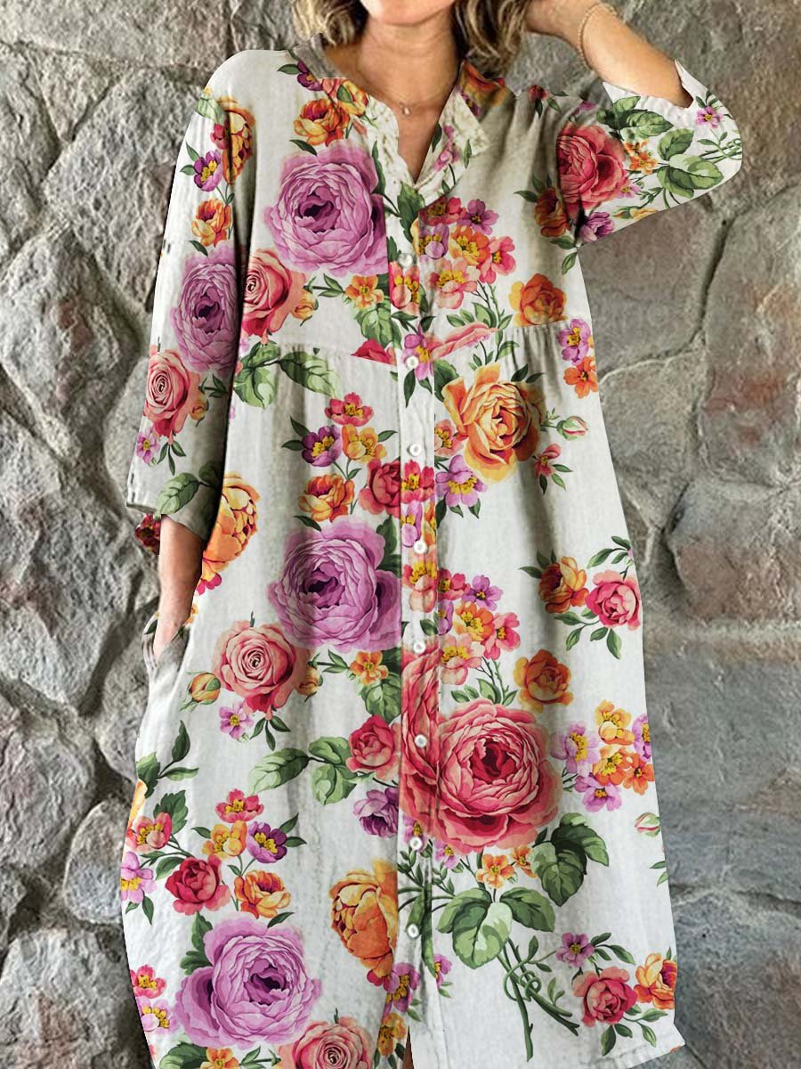 Women's Elegant Vintage Floral Print Shirt Style Cotton and Linen Dres
