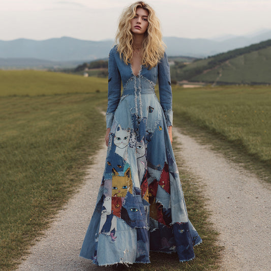 Comstylish Women's Vintage Patchwork Cat Long Sleeve Denim Print Maxi Dress