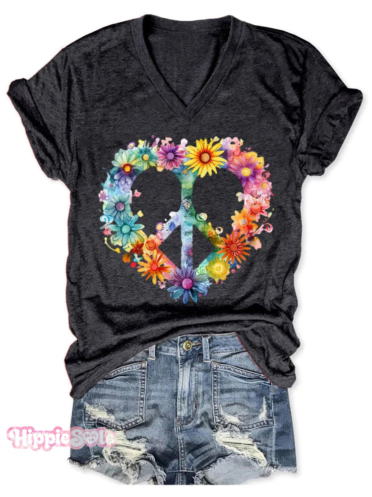 Women's Floral Peace And Love Art Print V-neck Casual T-Shirt