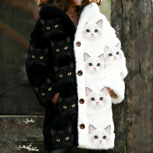 Comstylish Black And White Color-blocked Cat Warm Long Hooded Cardigan