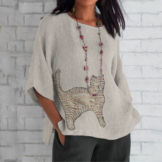 Comstylish Women's Cat Patch Sashiko Embroidery Art Loose Crew Neck Tops