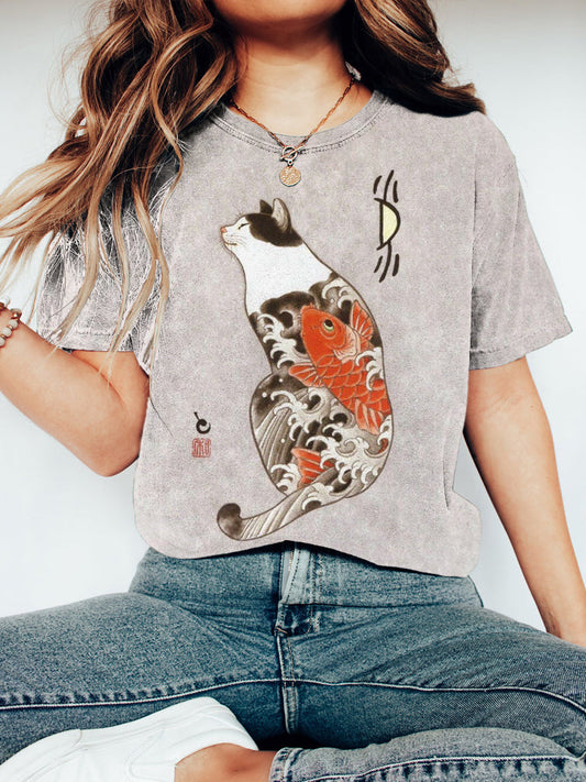 Japanese Cat Print Washed Cotton Short Sleeve T-Shirt elevenforest