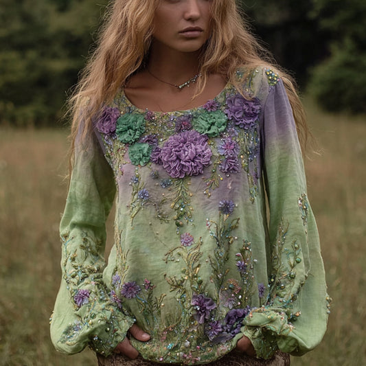 Comstylish Bohemian Style Embroidered Plant Round Neck Long Sleeve Casual Vintage Top