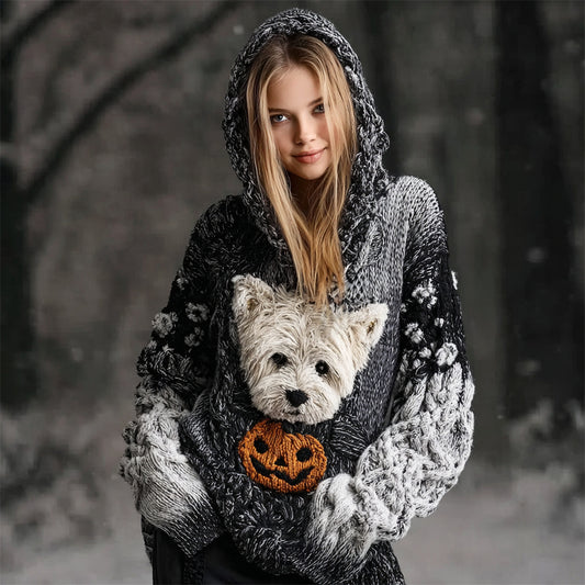 Comstylish Halloween Cairn Terrier Dog & Pumpkin Art Women's Hooded Sweater
