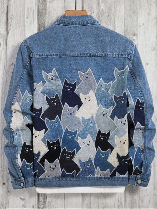 Crowded Cats Patchwork Art Denim Jacket elevenforest