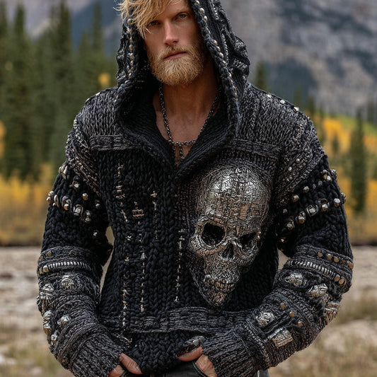 Men's Vintage Skull Gothic Art Design Knit Hooded Sweater elevenforest