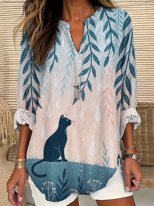 Comstylish Elegant Cat Element Printed Women's V-neck Long Sleeve Shirt