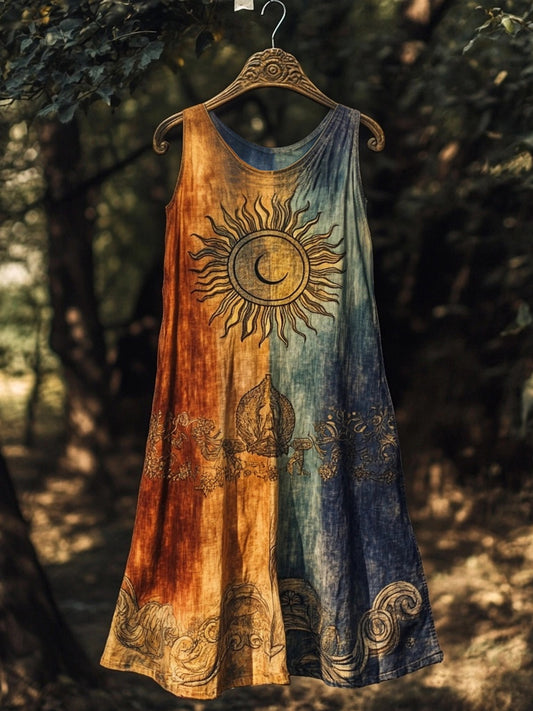 Vintage Litha Sun Midsummer Art Linen Midi Tank Dress artswardrobe