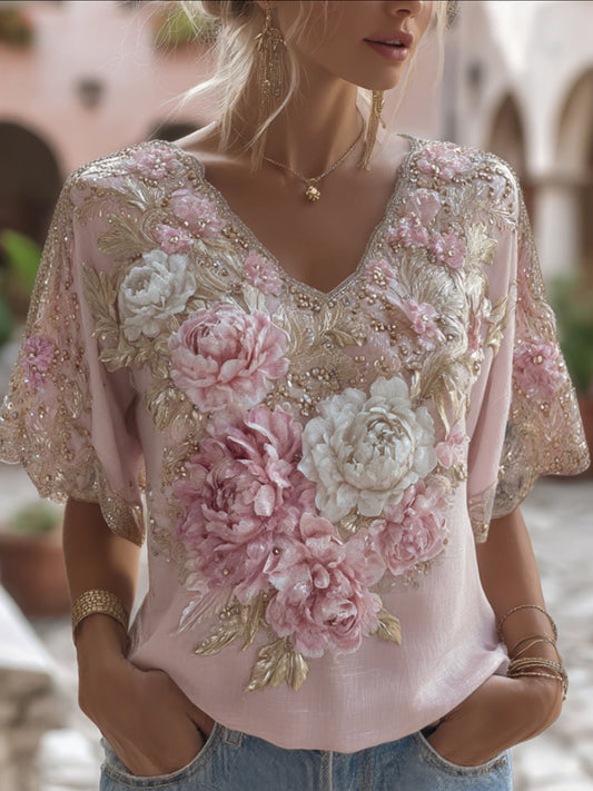 Bohème Pink And White Peony Embroidery Lightweight V-neck Short Sleeves elevenforest