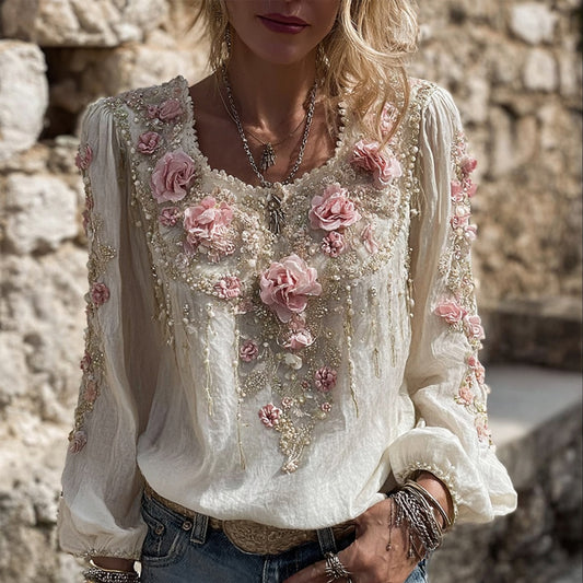Comstylish Vintage Pink Flowers Embroidered Cozy Linen Tunic