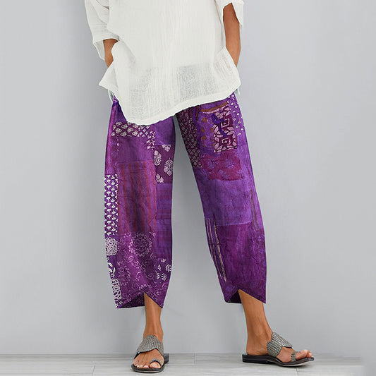 Vintage Geometric Floral Art Linen Blend Pants artswardrobe