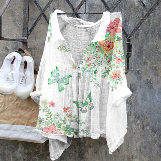 Comstylish Butterfly Retro Cotton Linen Casual Floral Print Cotton Linen  Shirt