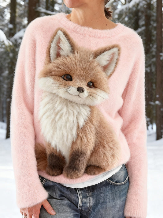 Comstylish Cute Baby Fox Embroidered Cozy Plush Sweatshirt