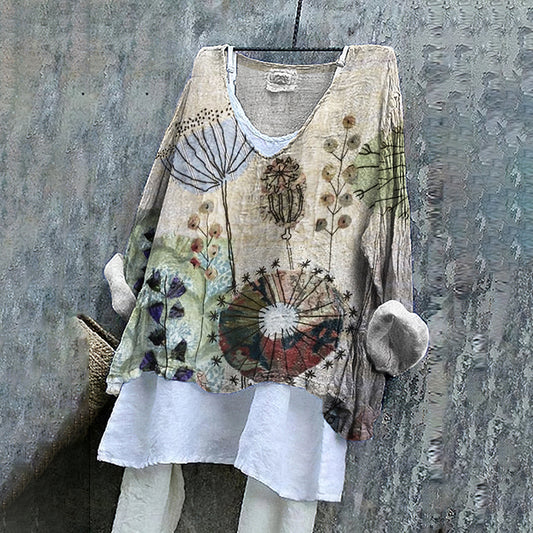 Comstylish Retro Floral Embroidered Art Linen Blend Tunic