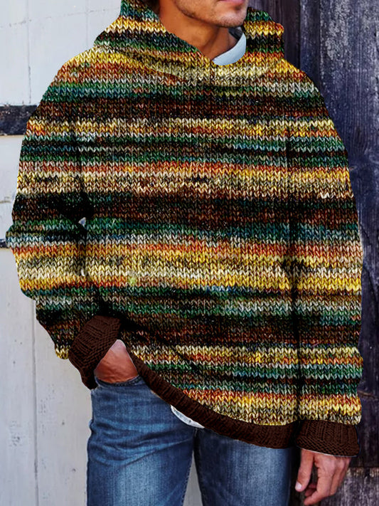 Men's Vintage Striped Crochet Art Cozy Hooded Sweater elevenforest