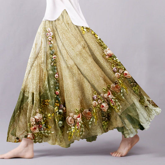 Women's Boho Flowers Art Linen Blend Skirt artswardrobe