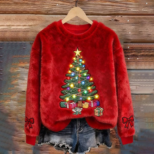 Comstylish Women's Vintage Christmas Tree Print Flannel Sweatshirt