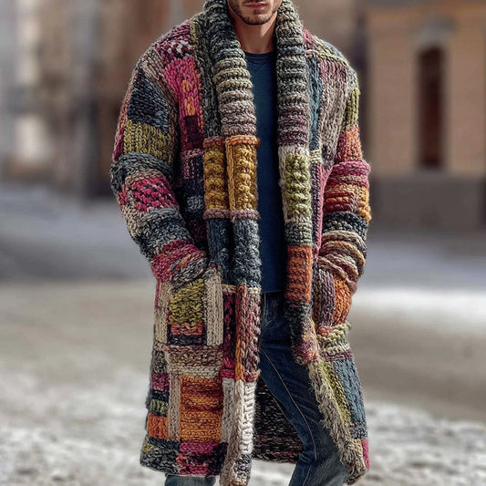 Men's Geometric Color Block Chunky Knit Jacquard Long Cardigan Sweater elevenforest